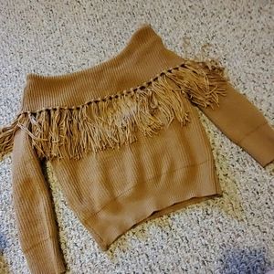 Fringe off shoulder sweater